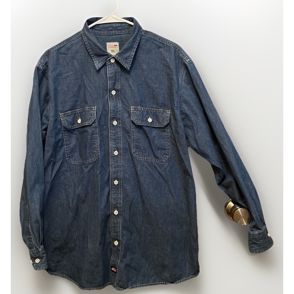 Dickies Genuine Mens XL Blue‎ Denim Long Sleeve Button-Up Shirt RN20697